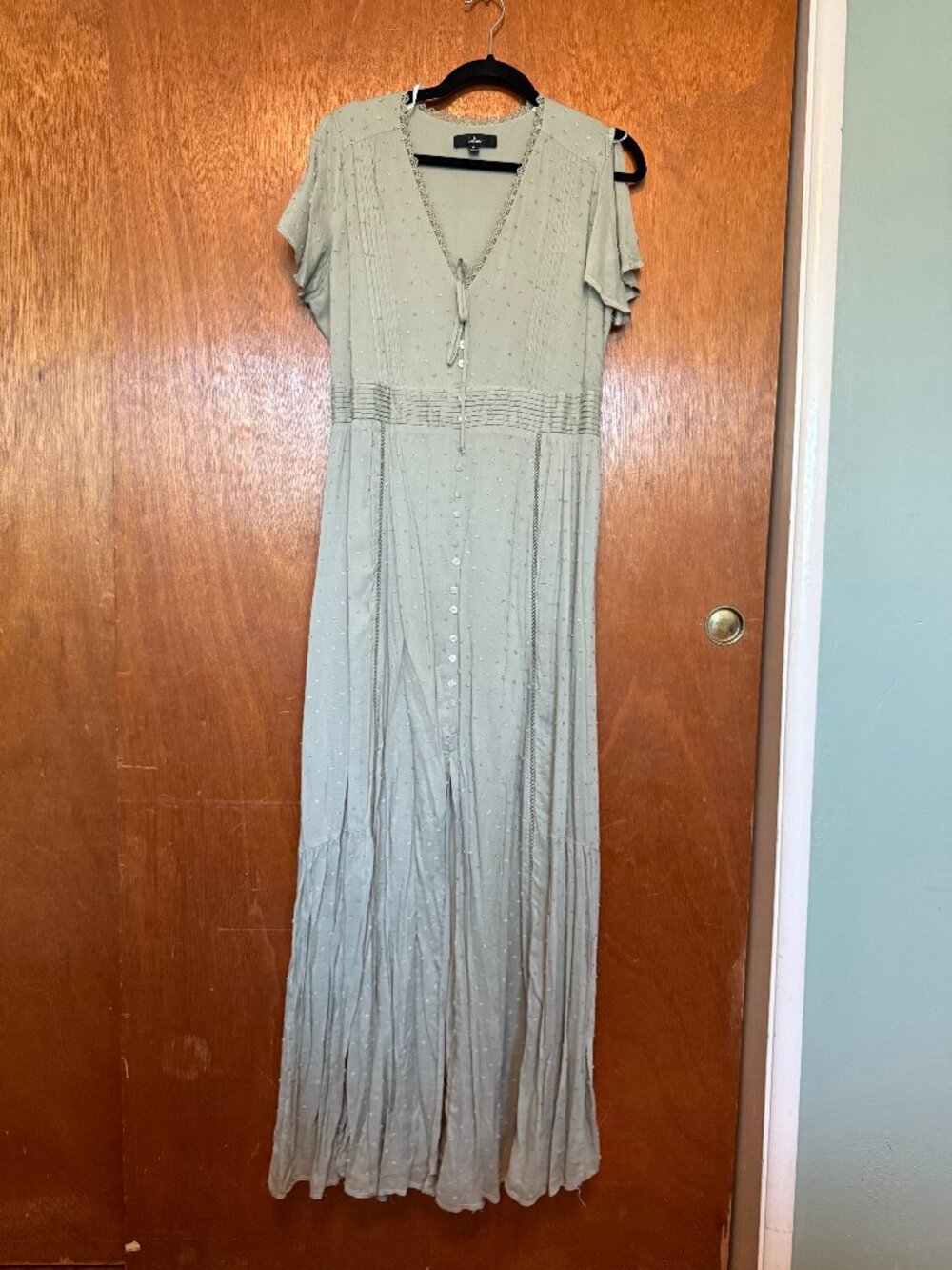 Lulu's Completely in Love sage Green Maxi Dress with Button Front and swiss dot